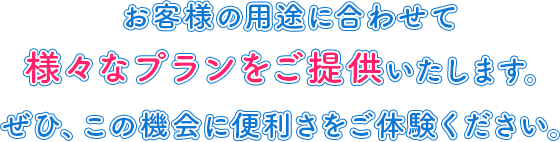 information_txt_sp お客様の用途に合わせて様々なプランをご提供いたします。ぜひ、この機会に便利さをご体験ください。